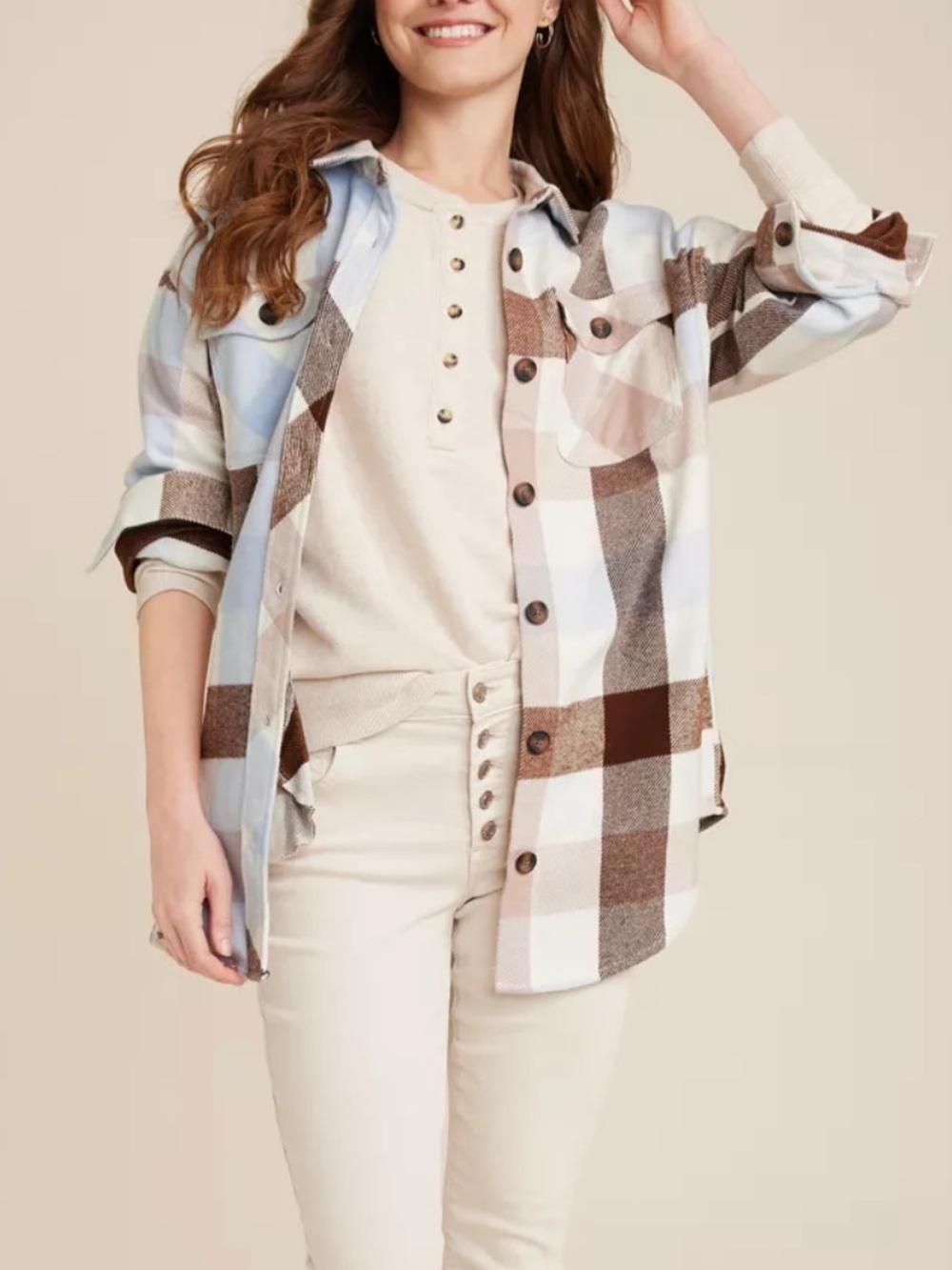 Maurices Brown Plaid Cotton Twill Shacket Oversized Size Medium